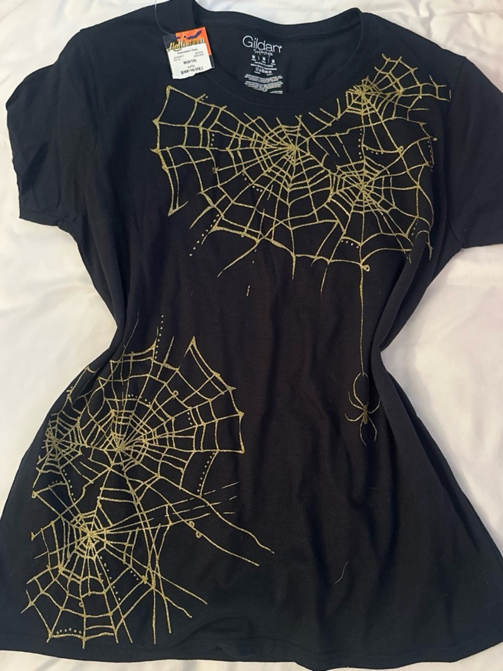 Gildan Women’s Black Tee with Gold Spiderweb Print
